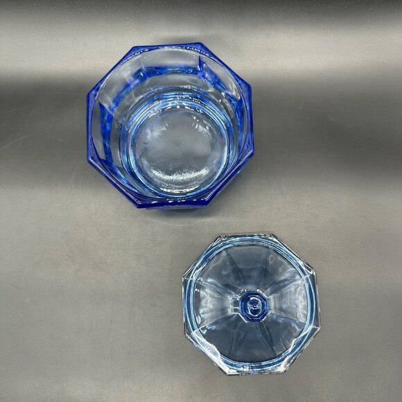 Vintage Candy Dish Blue Glass Octagon Trinket Holder Lid Indiana Glass Retro - Picture 4 of 7